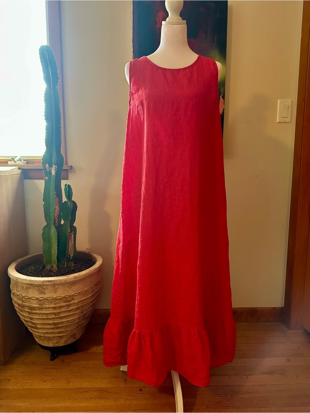 Red/Pink Sleeveless Ruffle-Hem Maxi Dress. Made in Italy
